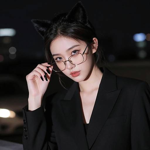 Stylish Woman in Cat Ears at Night