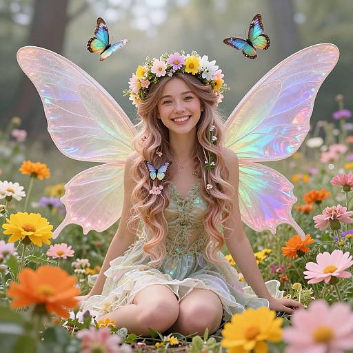 Photorealistic fairy girl with pink and blonde hair, flower crown, iridescent wings, green dress, surrounded by butterflies and colorful flowers in a