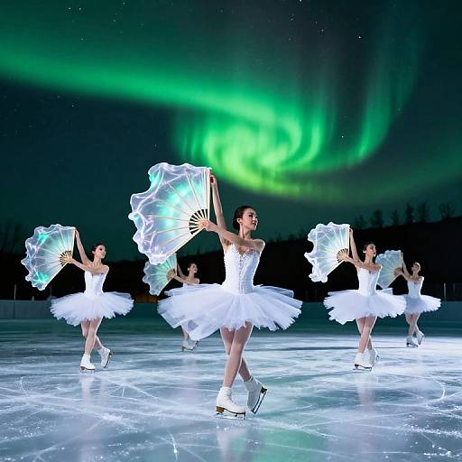Photograph of six female ballet dancers in white tutus and ice skates, holding glowing fans, performing under a vibrant green aurora borealis.
