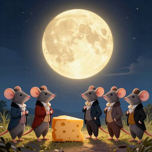 Digital illustration of five anthropomorphic mice in 18th-century suits, standing under a bright full moon, beside a wedge of cheese. Starry night