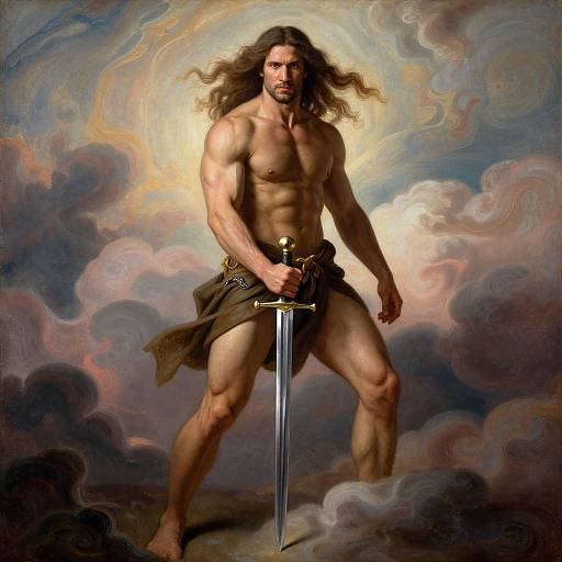 Muscular, long-haired man with a beard, nude except for a brown loincloth, holding a sword, standing amidst swirling clouds and a glowing