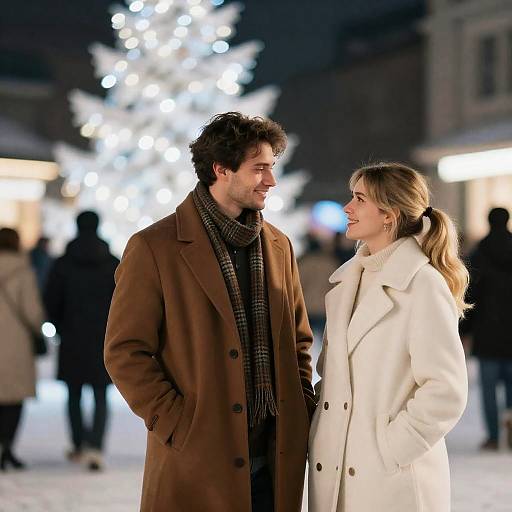 Photograph of a smiling couple in winter coats, standing in a snowy, illuminated town square with a glowing Christmas tree in the background.