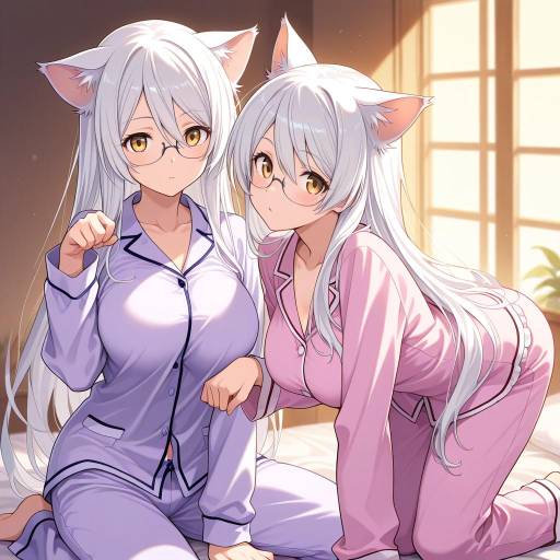 Anime Girls with Cat Ears in Pajamas