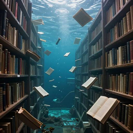 Photograph of an underwater library with floating books and sunlight filtering through the water, surrounded by tall, dark bookshelves.