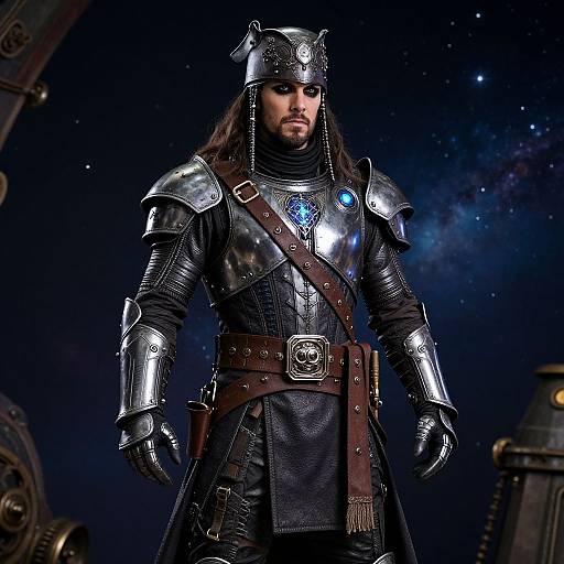 Photograph of a bearded man in medieval-style silver armor with a blue gem, standing against a starry night sky background.