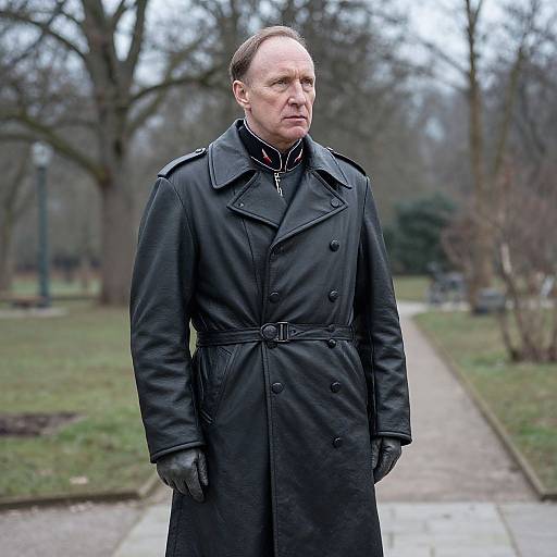 Photograph of a serious middle-aged man in a black trench coat and gloves, standing on a park path with bare trees in the background. Overcast