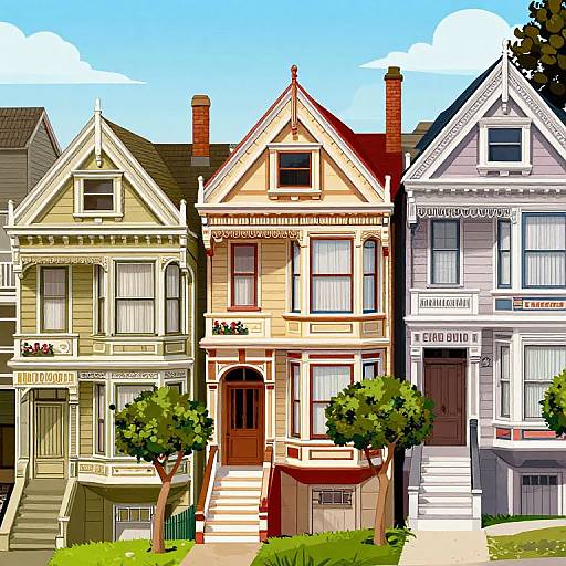 Digital illustration of three Victorian-style houses in pastel colors (green, cream, and blue) with detailed woodwork, chimneys, front porches