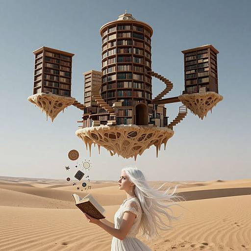 Photograph-style CGI: White-haired woman in white dress reads book in desert, floating futuristic skyscraper with spiral staircases behind her.