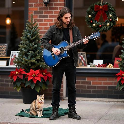 Man with Guitar in Festive Brick Setting