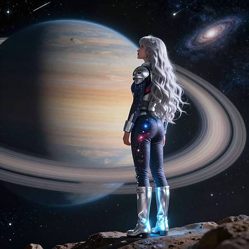 Digital art of a silver-haired woman in a futuristic black suit with glowing blue accents, standing on a rocky asteroid, gazing at a colorful planet with