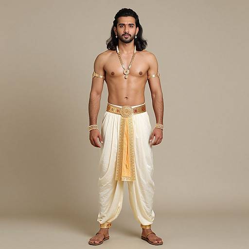 Photograph of a shirtless, bearded man with long black hair wearing gold jewelry, white silk pants with gold embroidery, and brown sandals, standing