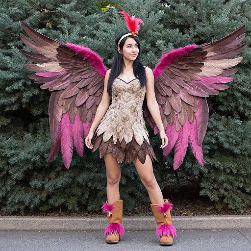 Photograph of a woman with long black hair, feathered brown and pink wings, gold dress, brown boots with pink feathers, red headpiece,