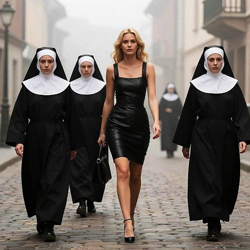 Confident Woman in Leather Dress with Nuns on Cobblestone Street