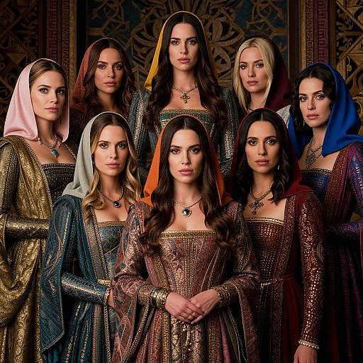 Photograph of eight women in medieval-style, ornate dresses with veils, wearing jeweled necklaces, standing in a richly decorated, pattern