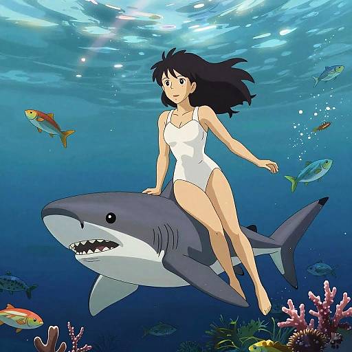 Anime-style digital drawing of a black-haired girl in a white swimsuit riding a large shark underwater, surrounded by colorful fish and coral.