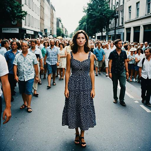 Photograph of a confident woman in a blue polka dot dress, standing in the middle of a crowded city street. She stands out against the bustling