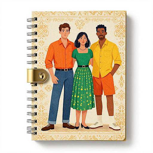 Digital illustration of a white man in an orange shirt and blue jeans, a woman with black hair in green dress, and a Black man in a yellow