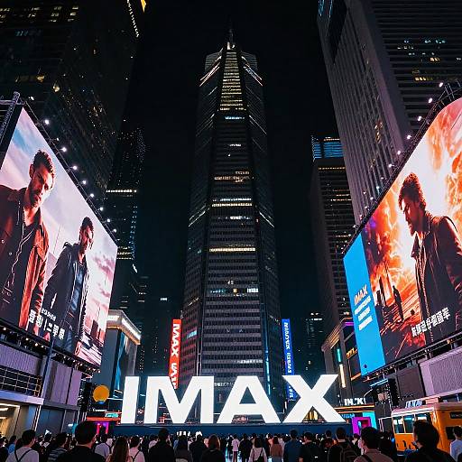 Photograph of a bustling neon-lit Tokyo cityscape at night, featuring large digital billboards with celebrity faces, towering skyscrapers, and the