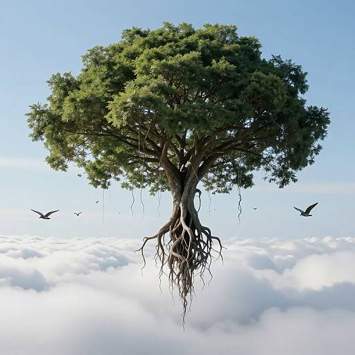 Floating tree with green leaves and exposed roots, surrounded by birds, set against a bright blue sky and fluffy clouds. Digital art.