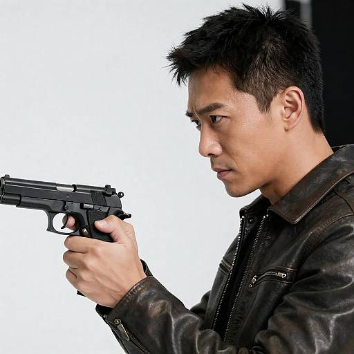 Intense Asian Man with Handgun