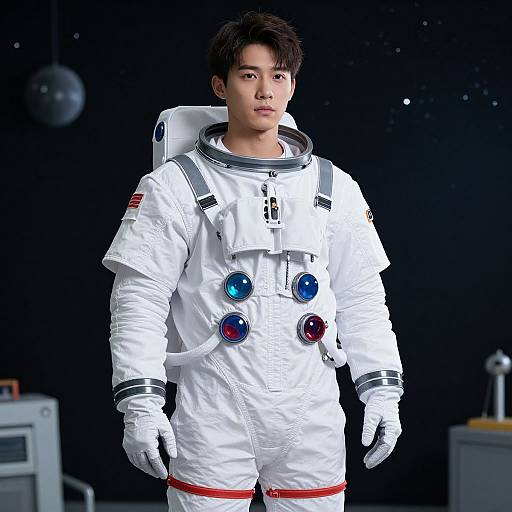 Photograph of an Asian male in a white astronaut suit with colorful lights, standing in a dark space-themed studio.