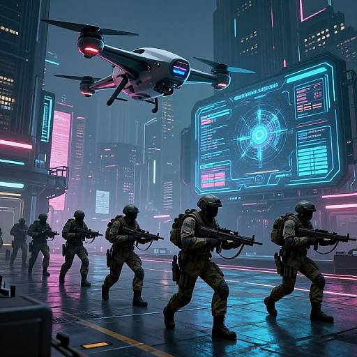 Cyberpunk cityscape: Soldiers in tactical gear crouch, aiming rifles as a drone hovers above, neon lights illuminate the foggy, futuristic