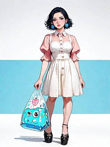 Woman in Gingham Mini Dress with Tote Bag