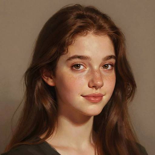 Digital portrait of a young woman with fair skin, brown eyes, and long brown hair, wearing a black top, smiling softly against a neutral background.