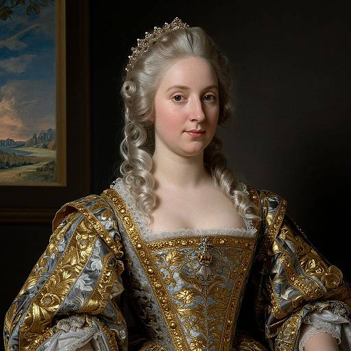 Photorealistic portrait of an 18th-century European noblewoman with silver hair, wearing an ornate gold and silver dress, tiara, and