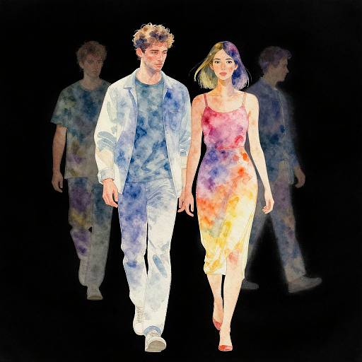 Digital watercolor-style illustration of a tall, blonde man in white clothes and a short-haired woman in a colorful dress, walking against a black background with