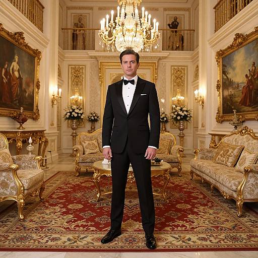 Photograph of a man in a black tuxedo standing in an opulent, gold-accented ballroom with a grand chandelier, orn