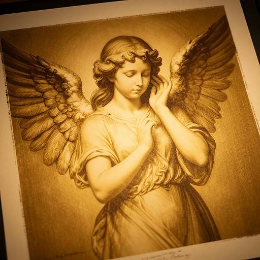 Sepia-toned pencil drawing of a serene angel with wavy hair, large detailed wings, and a flowing dress, hands gently touching face.