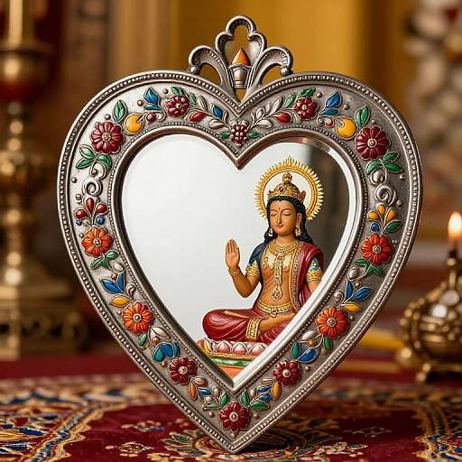 Photograph of a silver, heart-shaped frame with colorful floral designs, holding an image of a serene, haloed Hindu deity with hands in meditation pose