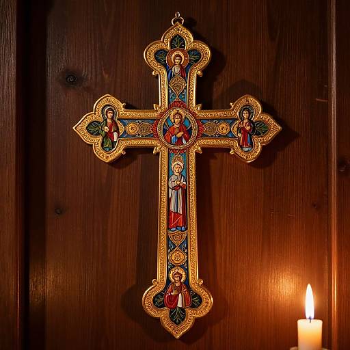 Ornate, gold-embellished, religious cross with colorful saints, hanging on dark wooden wall, lit by a single candle. Photograph.