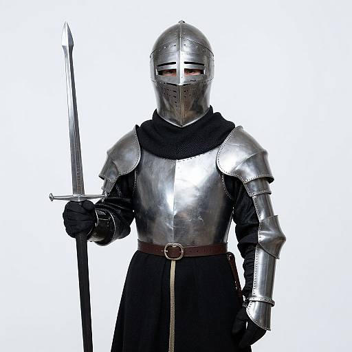 Photograph of a medieval knight in shiny silver armor, black cloak, and gloves, holding a pointed sword, white background.