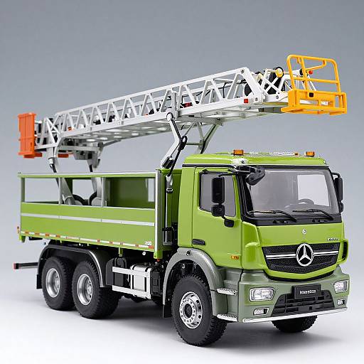 Photorealistic digital model of a green Mercedes-Benz utility truck with a white and orange hydraulic lift, set against a gradient gray background.
