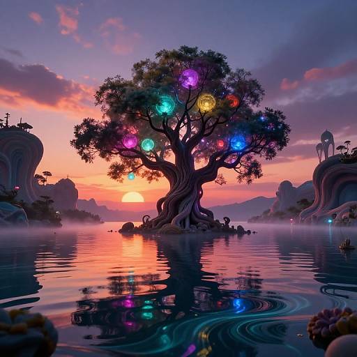 Digital artwork of a glowing, magical tree with colorful orbs floating among its branches, reflected in a tranquil, sunset-lit lake.
