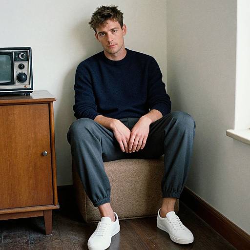 Photograph of a young man with short, messy brown hair, wearing a black sweater, dark pants, and white sneakers, sitting on a beige ott