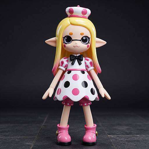 Photograph of a cute, blonde, anime-style doll with elf ears, black-rimmed glasses, pink and white polka dot dress, pink