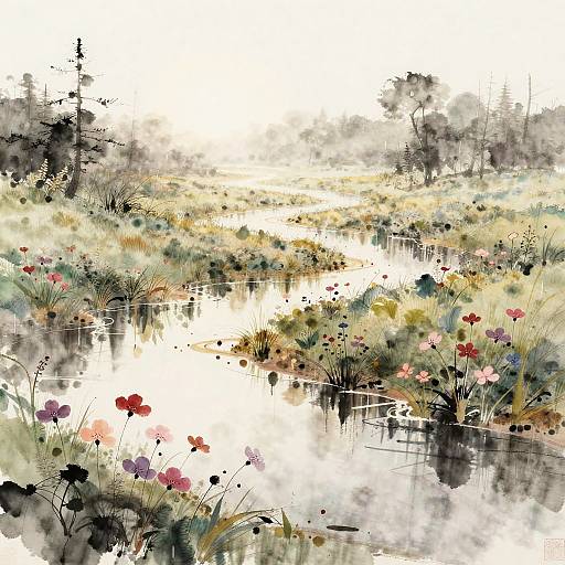 Delicate Ink Drawing of Floodplain Pools