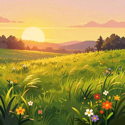 Stardew Valley Sunset Meadow Scene