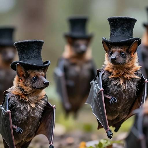 Photograph of three small, furry, brown bats with black wings wearing black top hats, standing in a forest with a blurred green and brown background.
