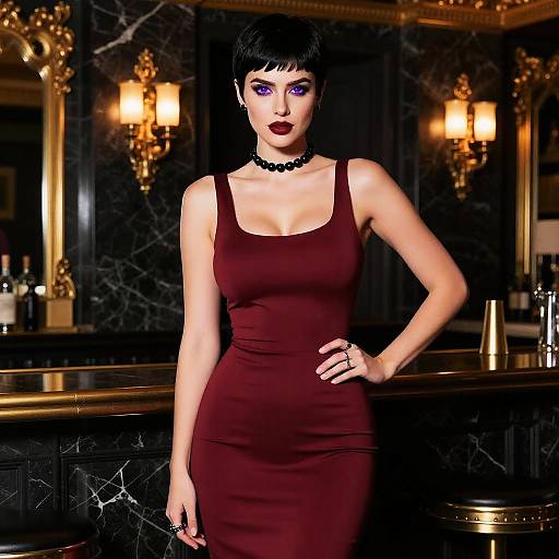 Digital artwork of a pale-skinned woman with short black hair, wearing a tight maroon dress, black choker, and red lipstick, standing in