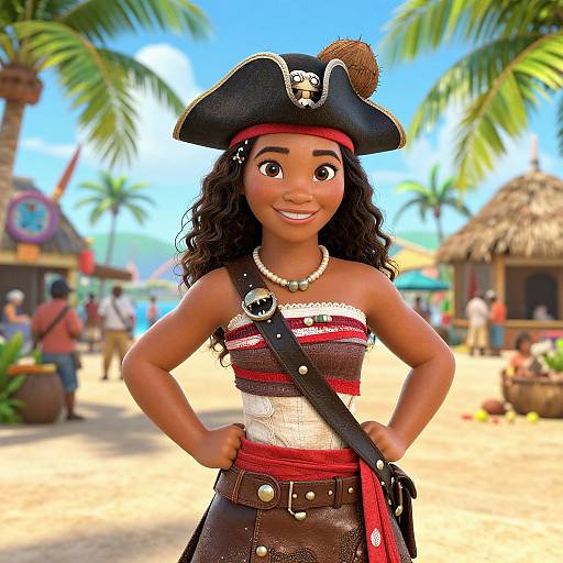 CGI image of a smiling, dark-skinned, curly-haired girl pirate with a black tricorn hat, pearl necklace, and striped white-red-b