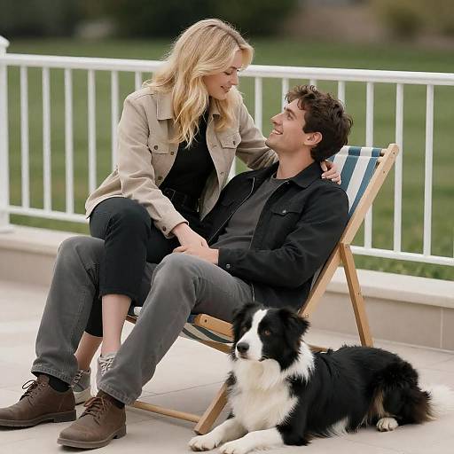 Playful Couple on Striped Lounge Chairs
