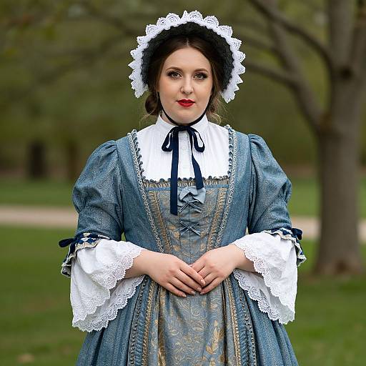 Photograph of a fair-skinned woman with dark brown hair, wearing a blue Victorian dress with white lace trim, black ribbon, and white bonnet