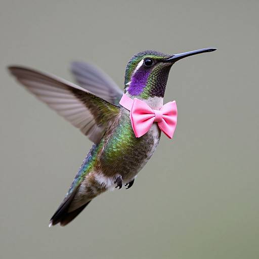 Photograph of a green, iridescent hummingbird mid-flight, wearing a bright pink bowtie, against a blurred, gray-green background.
