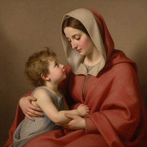 Digital painting of a mother in a red cloak with a beige hood, gently holding a young boy in a gray shirt, gazing lovingly at each