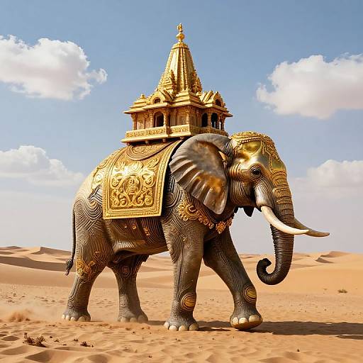 Digital artwork of an ornate, golden-decorated elephant with a temple-like structure on its back, standing in a bright, sandy desert under a