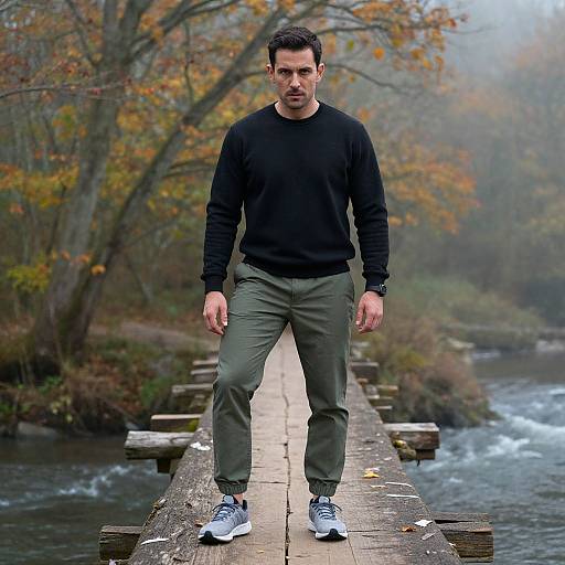 Man on Rustic Bridge in Autumn